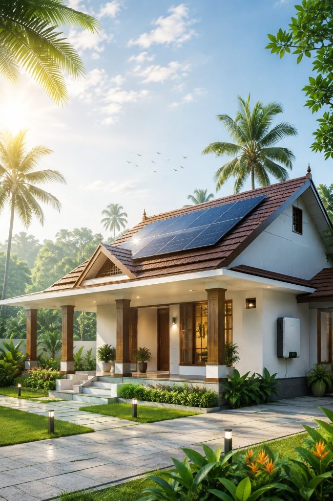 Tropical Kerala Sloped Roof Solar Residence