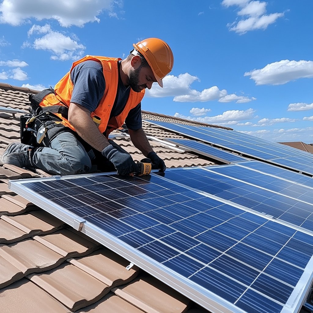 Certified Ennerty Technician Installing Tier-1 Solar Panels on Tiled Rooftop